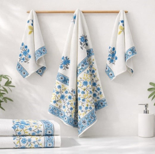 Hand Block Printed Honeycomb Cotton Towel Set