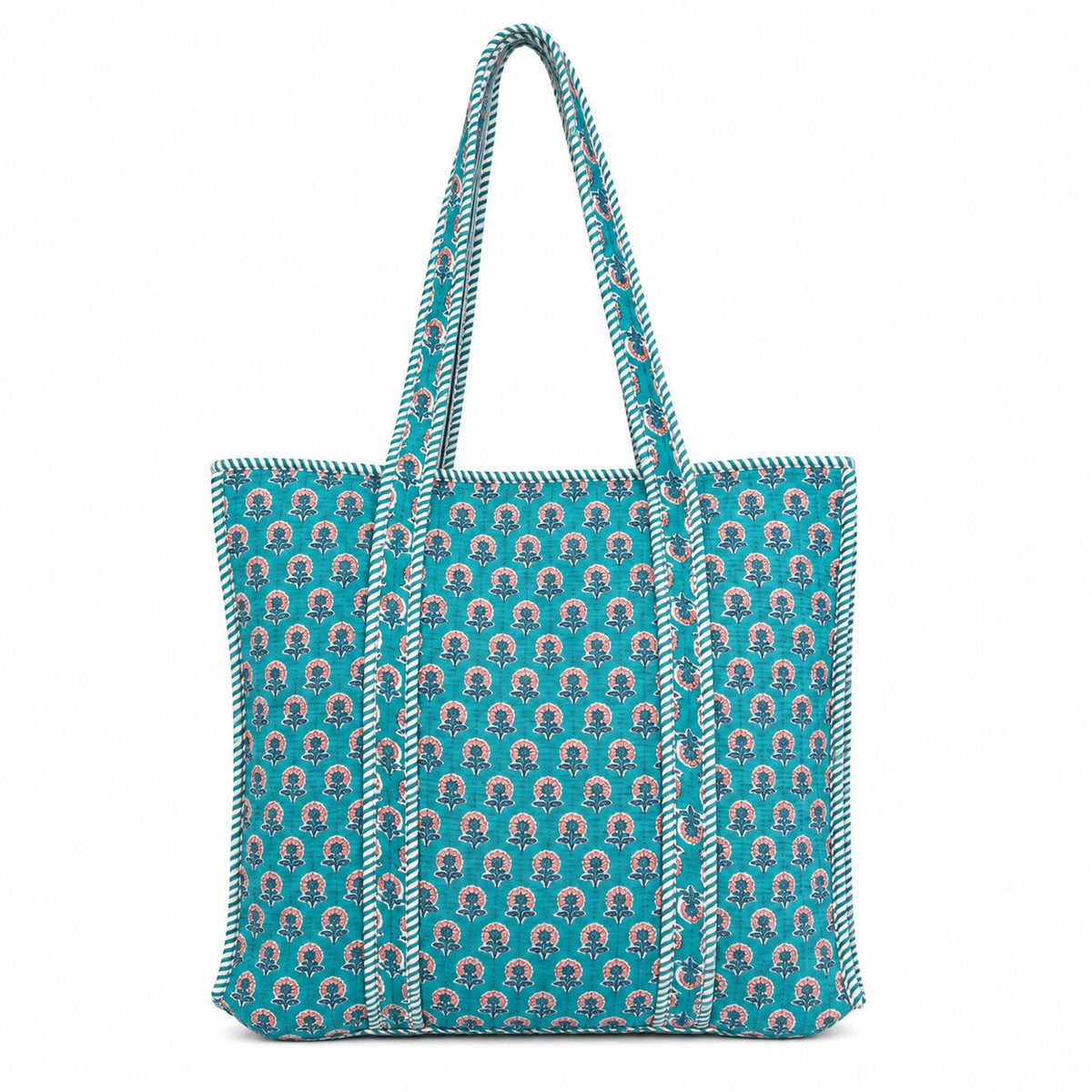 Blue Floral Hand Block Printed Cotton Quilted Tote Bag | Handmade 100% Cotton