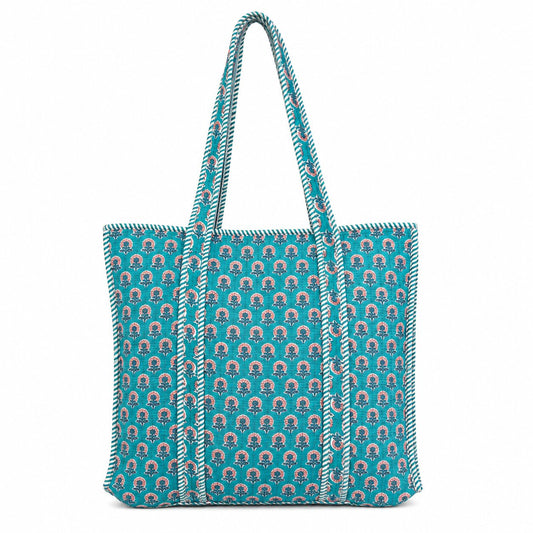 Blue Floral Hand Block Printed Cotton Quilted Tote Bag | Handmade 100% Cotton